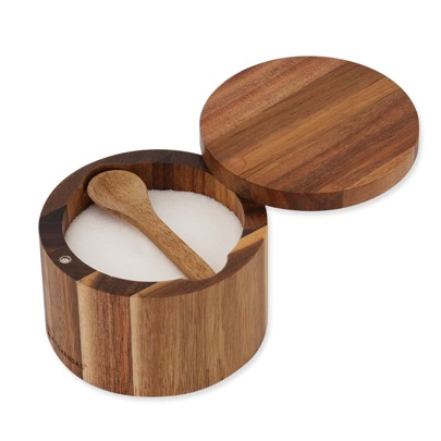 KITCHENDAO Kitchendao Cuenco De Madera De Acacia Para Sal Con Cuchara Incorporada Para Evitar El Polvo, Elegante Contenedor De Sal De Cocina Con Tapa Magnética Giratoria Para Almacenar Especias, Sal De Baño Y De Mar De 6 Oz.