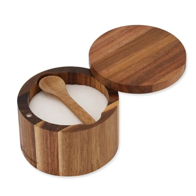  KITCHENDAO Acacia Wood Salt Cellar Bowl Box With Built-In Spoon To Avoid Dust, Elegant Kitchen Salt Container Holder With Swivel Magnetic Lid To Storage Pepper Spice Bath Salt Sea Salt, 6OZ