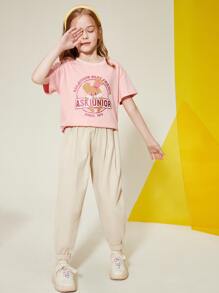 Bộ đồ hai mảnh dành cho các cô gái tuổi teen gồm áo thun cổ thuyền in hình họa tiết thể thao thông thường và quần chạy bộ - Nhiều màu - Xem 9