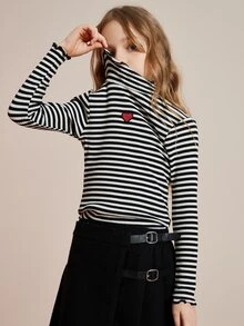 Girls 1pc Striped Print Heart Embroidery Lettuce Trim Tee