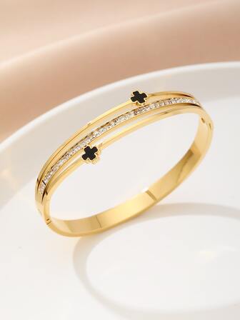 1入組金色顏色不銹鋼手環帶鑽石鑲嵌幸運四葉草,風格,時尚&極簡風格,中性,情侶友好