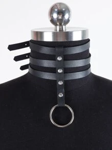 1pc Women's Multi-Layer Leather Decor O-Ring Choker, Perfect For Party Harness Halloween - Black - View 2