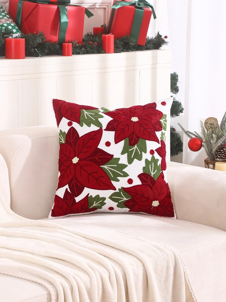 1 Peça Capa De Almofada De Arremesso Embroidado Com Flores De Natal Em Canvas - Multicolorido - Ver 1