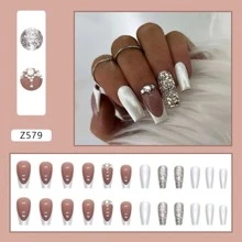 24 Uñas Postizas Blancas En Forma De Bailarina Con Brillo Plateado Francés, Cubren Totalmente Y Son Desmontables Con Diseño De Prensado, Para Hacer En Casa - Plateado - Ver 3
