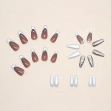24 Uñas Postizas Blancas En Forma De Bailarina Con Brillo Plateado Francés, Cubren Totalmente Y Son Desmontables Con Diseño De Prensado, Para Hacer En Casa - Plateado - Ver 5