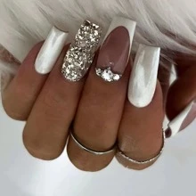 24 Uñas Postizas Blancas En Forma De Bailarina Con Brillo Plateado Francés, Cubren Totalmente Y Son Desmontables Con Diseño De Prensado, Para Hacer En Casa - Plateado - Ver 2
