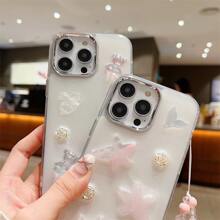 創意珍珠閃粉滴膠蝴蝶和掛帶裝飾手機殼,適用於 Iphone 14 Pro Max/13 Pro Max/12 Pro Max/11 Pro Max/14/13/12/11,防跌落 - 無色 - 查看 5