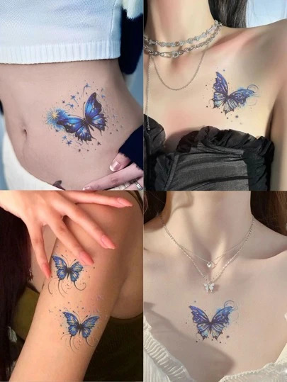 藍色蝴蝶和多色印花防水防汗臨時紋身貼紙適合女士手臂、節日/y2k 主題化妝和派對裝飾