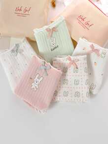 5入組隨機可愛的日式女士內衣,卡通兔印花和彈性腰帶,中腰短褲 - 彩色 - 查看 4