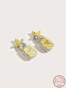 Cici Color 1雙S925銀黃色的立方體氧化鋯冰花切美麗&迷人&時髦別緻&精美&獨特百搭休閒&迷人的情侶禮品幸運的五角星糖立方體懸垂耳環,合適的適用於女性日常生活,約會,旅行,帶A禮物盒 - 銀色 - 查看 4