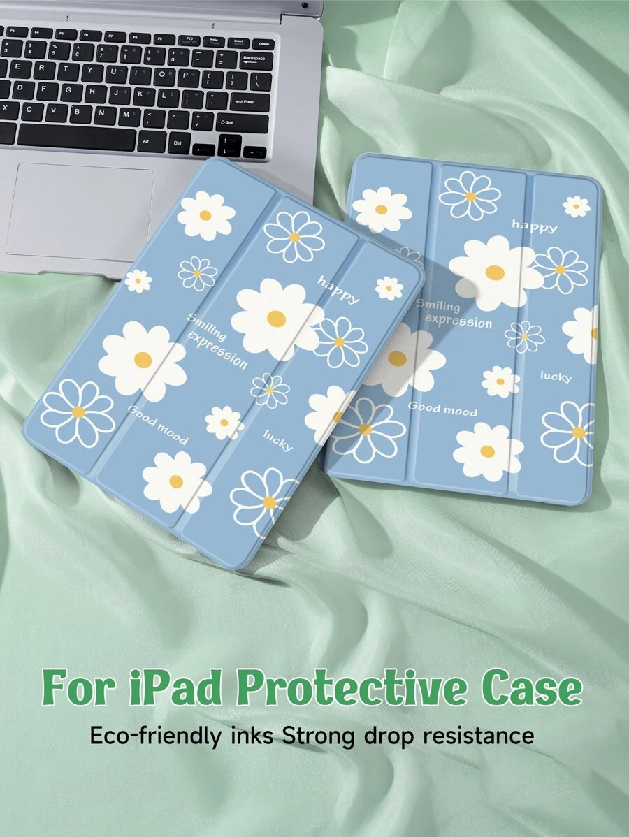 花卉图案保护壳，适用于带笔架的 iPad，支持自动睡眠/唤醒盖 - 彩色 - 查看 1