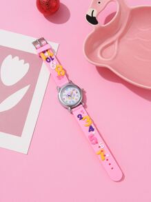 4pcs Girls' Pink Silicone Strap Quartz Watch With Cute Style Set, Including Beaded Butterfly Pattern Necklace, Bracelet And Ring, Suitable For 5-12 Years Old