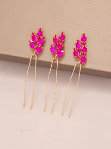 3pcs Luxurious Glass Rhinestone Decor U-shaped Hair Pin In Rose Red Tone Suitable For Weddings, Parties And Formal Events For Women - Hot Pink - View 3