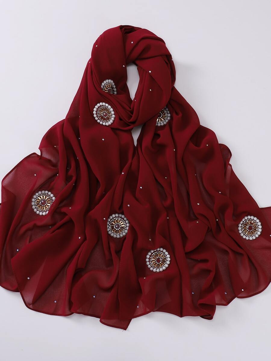 1 Miếng Sang trọng Pha lê Trang trí Chiffon Khăn trùm đầu ( Pha lê Màu sắc Ngẫu nhiên ) , Khăn trùm đầu - Màu Đỏ Sâu - Xem 1