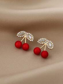 Aretes De Estudio Con Decoración De Cereza Roja Y Estrás, Joyería De Oreja Con Forma De Frutas De Moda - Dorado - Ver 1
