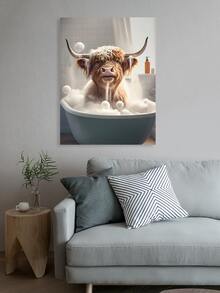 1張可愛的高地牛沐浴畫布印刷,沐浴海報裝飾,浴室牆壁藝術,高地牛畫布油畫,浴室臥室裝飾,禮物好主意,不含相框 - 棕色 - 查看 5