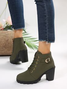 女性優雅黑色搭扣帶裝飾的繫帶粗跟靴子 - 綠色 - 查看 6