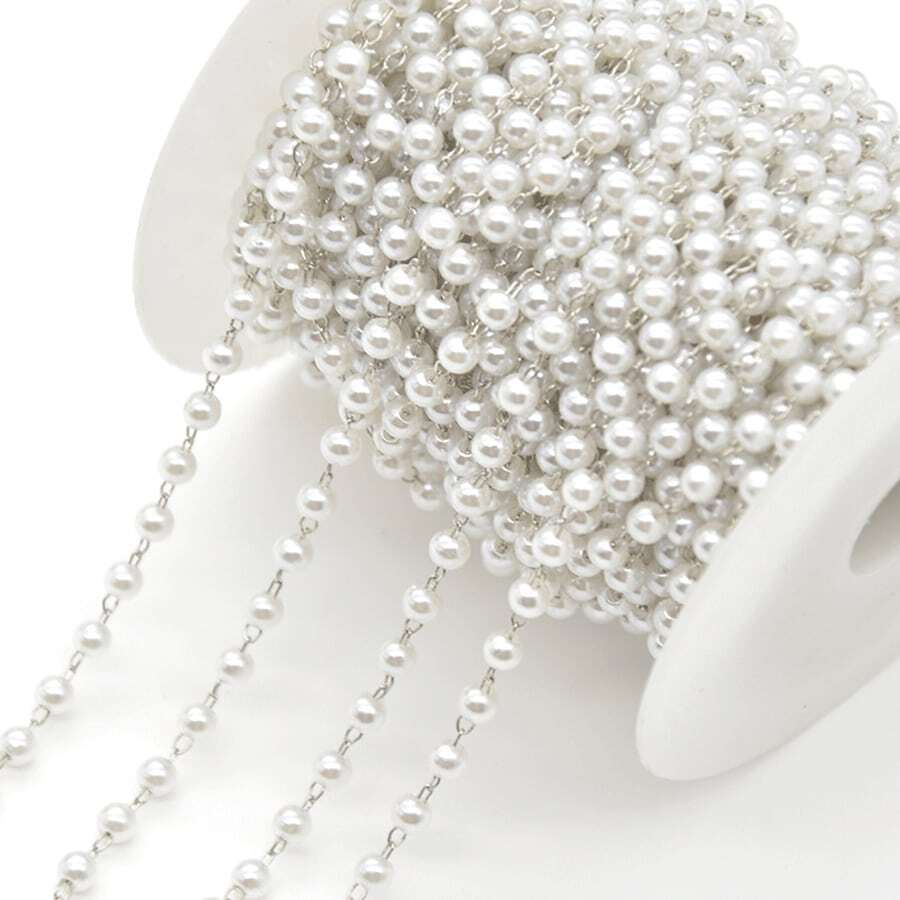 1m/Pack Abs Faux Pearl Chain Tassel With 6 Different Size Faux Pearls & 2 Chain Colors, Suitable For Jewelry Diy - Silver - View 1