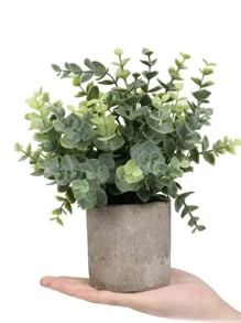 1Pc Potted Fake Plants Artificial Plastic Eucalyptus Potted Plants Small Fake Plants In Pots Faux Eucalyptus Potted Plant For Home Shelf Decoration Office Table Farmhouse Room Desktop Decoration - Green - View 1