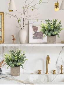 1Pc Potted Fake Plants Artificial Plastic Eucalyptus Potted Plants Small Fake Plants In Pots Faux Eucalyptus Potted Plant For Home Shelf Decoration Office Table Farmhouse Room Desktop Decoration - Green - View 3