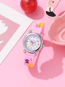 4pcs Girls' Pink Silicone Strap Quartz Watch With Cute Style Set, Including Beaded Butterfly Pattern Necklace, Bracelet And Ring, Suitable For 5-12 Years Old