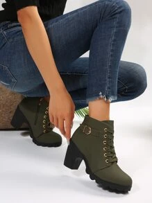 女性優雅黑色搭扣帶裝飾的繫帶粗跟靴子 - 綠色 - 查看 9