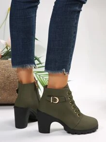 女性優雅黑色搭扣帶裝飾的繫帶粗跟靴子 - 綠色 - 查看 8