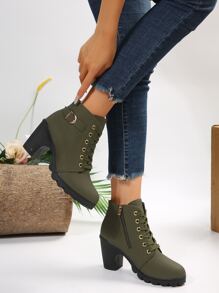 女性優雅黑色搭扣帶裝飾的繫帶粗跟靴子 - 綠色 - 查看 2