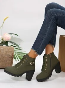 女性優雅黑色搭扣帶裝飾的繫帶粗跟靴子 - 綠色 - 查看 4