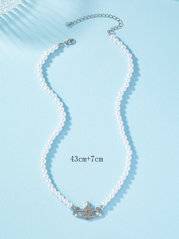 1pc Shiny Full Rhinestone Pendant Star And Pearl Necklace