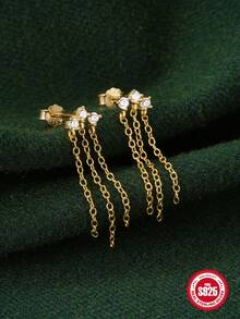 1 đôi 925 sterling bạc Ba Tua Dài Bông tai stud Khối Zirconia  Dangles Hoa tai Đối với phụ nữ Thời trang Tốt Hoa tai Đồ trang sức - Vàng - Xem 5