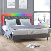 Mjkone Bed Frame, Velveteen RGB LED Bed Frame with Adjustable Headboard, Upholstered Mattress Frame with Button Tufted Headboard for Bedroom