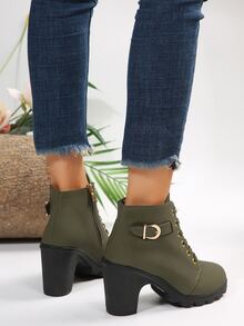 女性優雅黑色搭扣帶裝飾的繫帶粗跟靴子 - 綠色 - 查看 7