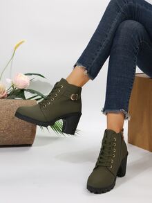 女性優雅黑色搭扣帶裝飾的繫帶粗跟靴子 - 綠色 - 查看 5