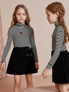 Girls 1pc Striped Print Heart Embroidery Lettuce Trim Tee