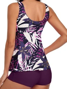 熱帶植物印花前扣束綁坦克泳裝套裝 - 彩色 - 查看 4