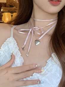 1 Miếng Đen Cord vui tươi & Mát mẻ Mặt dây chuyền trái tim Dây chuyền Với Nút hình bướm - Hồng - Xem 5