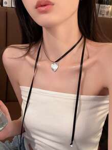 1 件黑色绳爱心与酷字母细节领结颈链情人节 - 黑色 - 查看 3