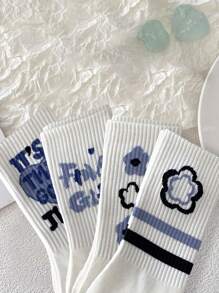 4pairs Random Women's Striped & Floral Pattern Mid-calf Socks For Daily Wear