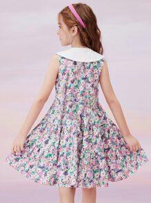 女孩滿版印花彼得潘領荷葉邊連衣裙 - 彩色 - 查看 4