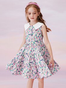 女孩滿版印花彼得潘領荷葉邊連衣裙 - 彩色 - 查看 10