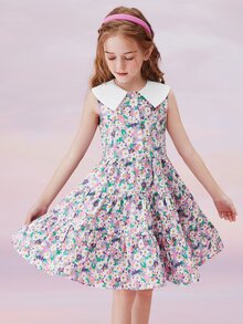 女孩滿版印花彼得潘領荷葉邊連衣裙 - 彩色 - 查看 11
