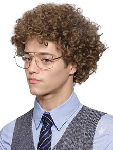 合成頭髮 9 英寸長棕色捲髮男士假髮適合日常派對使用迪斯科嬉皮搖滾 70 年代 80 年代派對角色扮演假髮無膠耐熱時尚柔軟纖維頭髮高密度自然外觀常規日常假髮拿破崙服裝假髮 - 棕色 - 查看 4