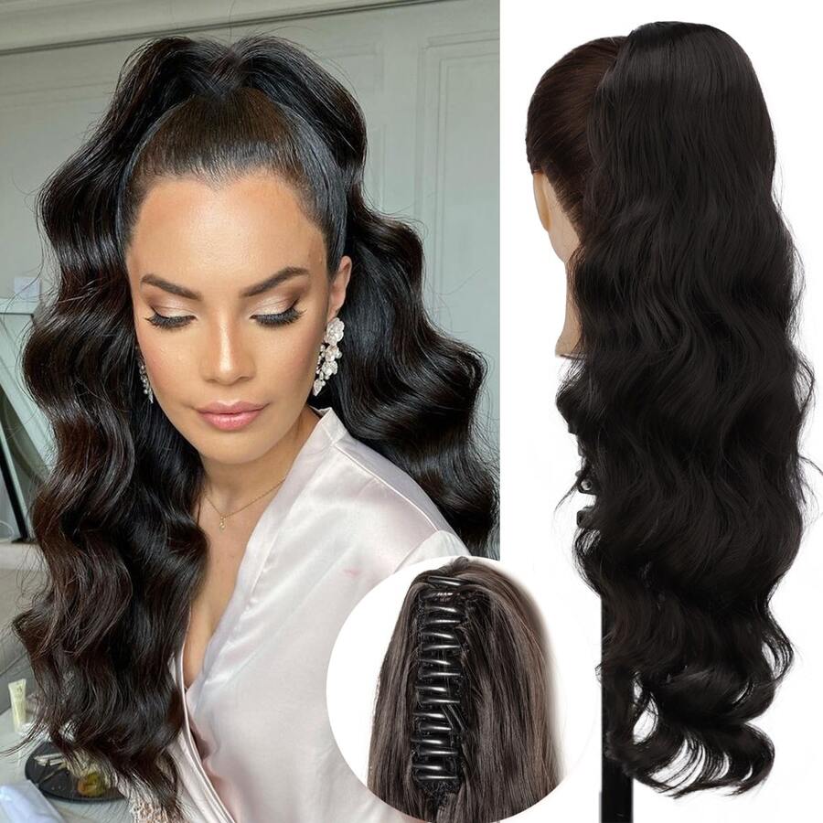 24"長厚密波浪狀彩虹夾馬尾頭髮擴展,自然貼體髮片女性髮片 - Black-brown - 查看 1