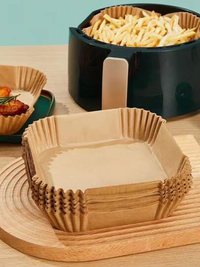 100入組方形炸食鍋用羊皮紙，廚房防油托盤墊，野餐燒烤雞肉食品包裝紙，炸鍋廚房用防油紙，空氣炸鍋用襯墊，空氣炸鍋用紙，空氣炸鍋