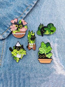 5pcs/set Cute Potted Cat Design Enamel Pins Suitable For Women's Daily Wear