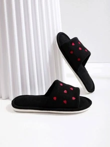 女性愛心刺繡毛茸茸臥室滌綸時尚家居拖鞋 - 黑色 - 查看 7