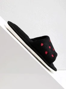女性愛心刺繡毛茸茸臥室滌綸時尚家居拖鞋 - 黑色 - 查看 4