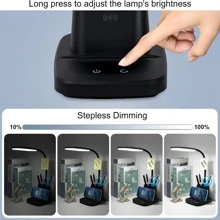 Hansang LED Desk Lamp For Home Office With Wireless Charger, 3 Color Modes, Stepless Dimming, CRI 85, 800 Lumen, Black Study Lamp With Pen Holder For College Dorm Room, Adapter Included - Black - View 5