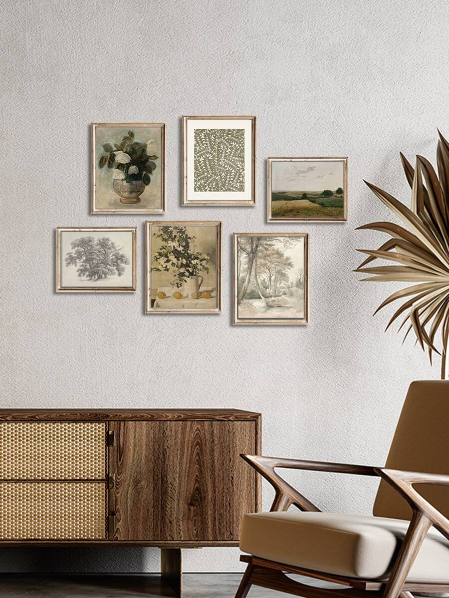 6入組復古壁畫,法式鄉村風格帆布海報,花瓶印花,植物藝術印花,樹葉畫海報,田園風格牆上海報,北歐海報客廳裝飾,不附框 - 彩色 - 查看 1